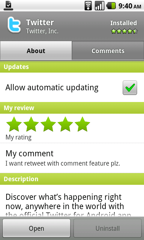 หน้า Market มีเมนู Auto Update เพิ่มมาด้วย แถมแยกส่วน Comment อีก