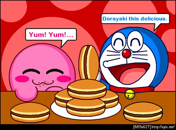 Kirby and doraemon eating dorayaki