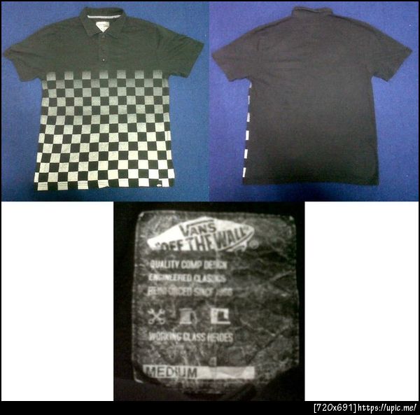 เสื้อคอปก Vans สกรีนลายหมากรุกครึ่งตัวเต็มๆด้านหน้าด้านเดียว สีดำ ไซท์ M ขนาด อก21 ยาว27 สภาพ 80% ราคา 400 บาท