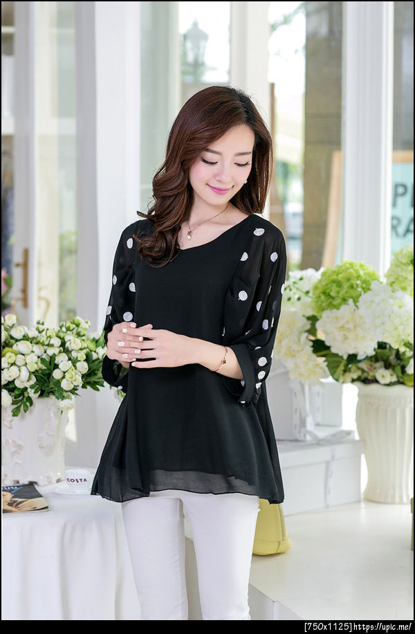 เสื้อชีฟองคนอ้วนสีดำแขนลายจุด